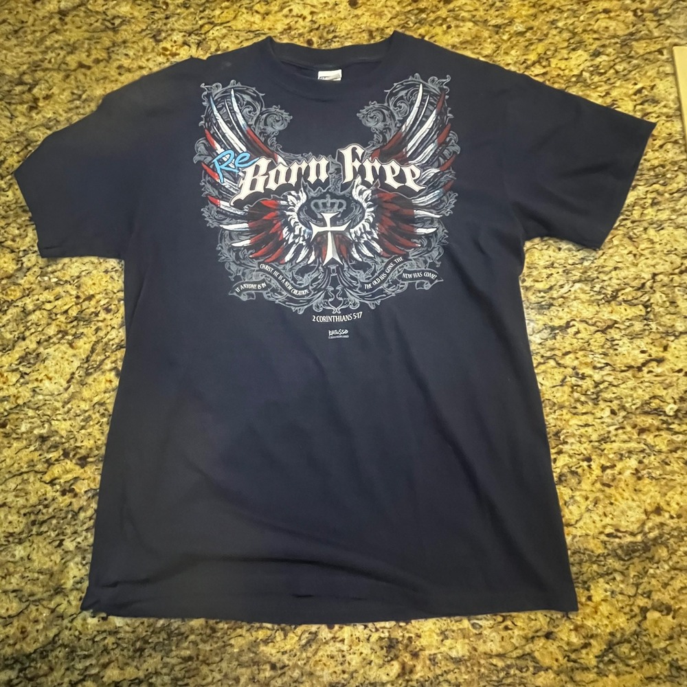 Kerusso Born Free Christian T-Shirt Mens Large Navy Blue 2 Corinthians 5:17